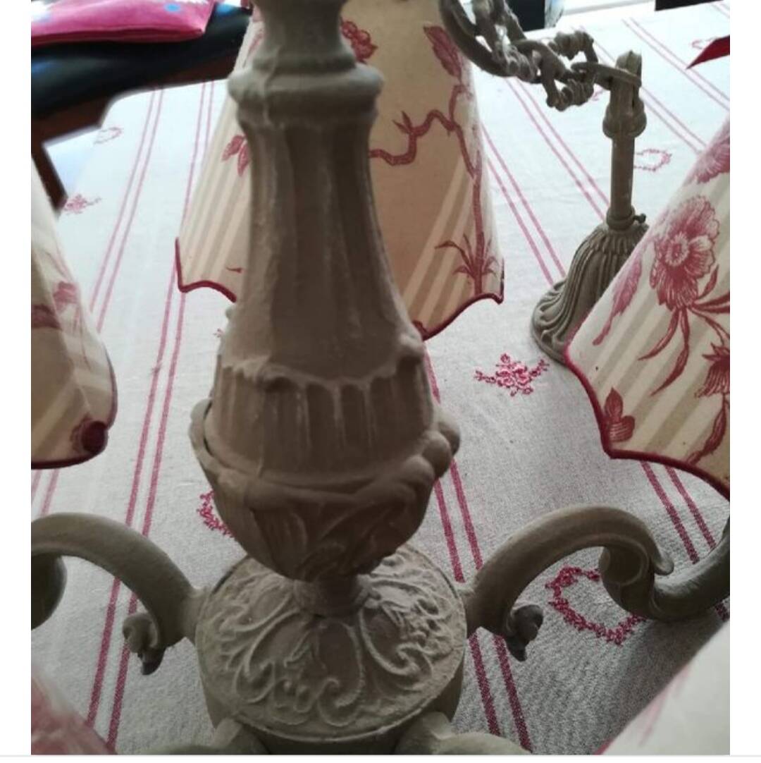 Lustre with 5 branches in bronze and grey, Gustavo style, lampshade in toile de Jouy.