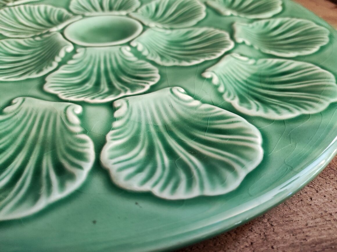Vintage French Oyster Tray in turquoise Majolica