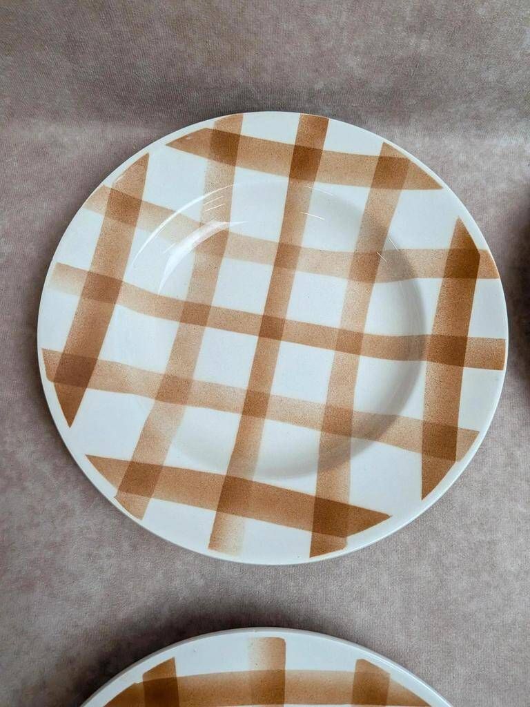 Set of 6 vintage deep plates Moulin des Loups – Checkered pattern