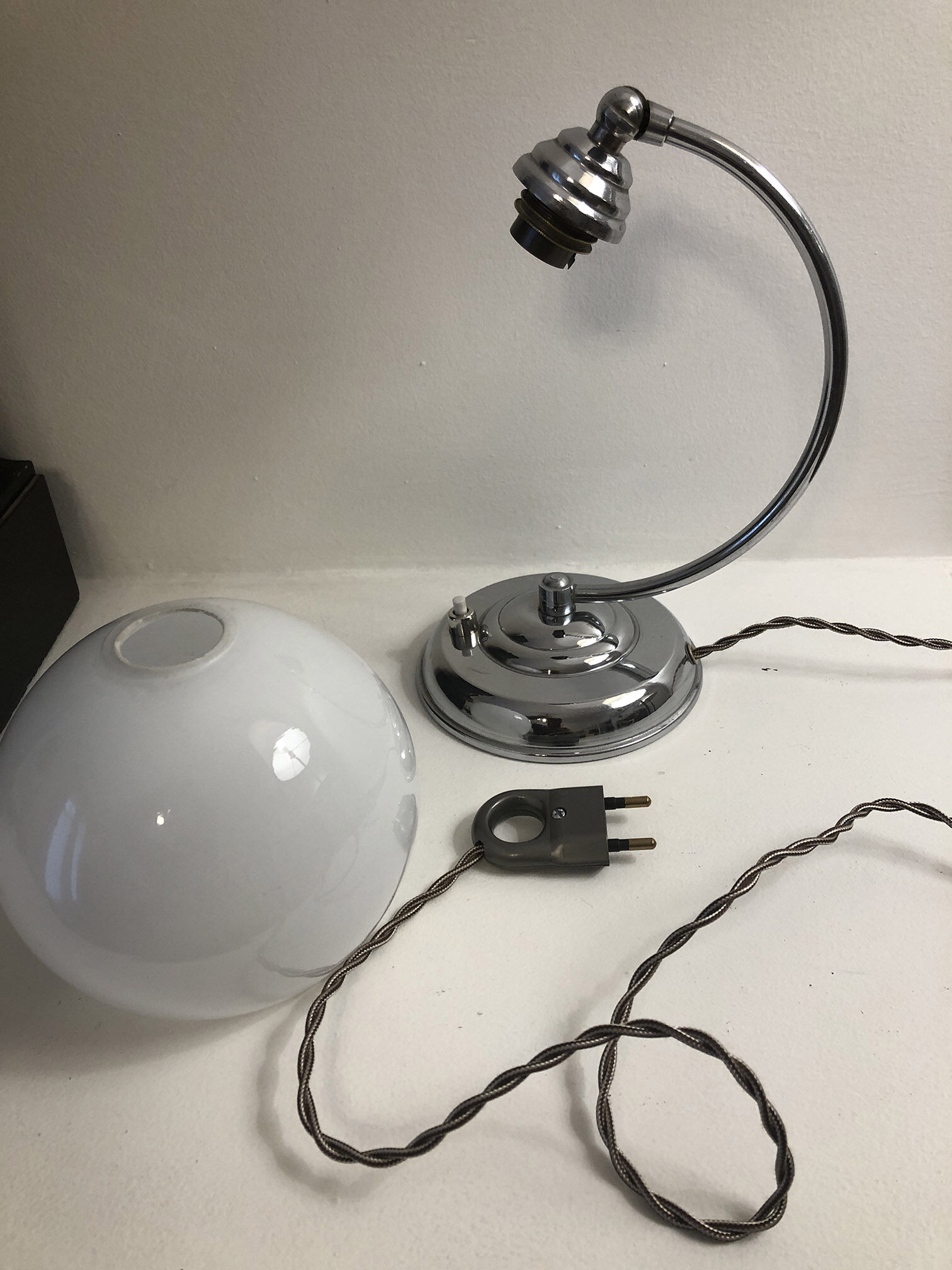 Antique articulated chrome lamp with opaline