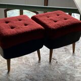 Set of 2 mid-century stools in red and black fabric and faux leather, with light wood legs.