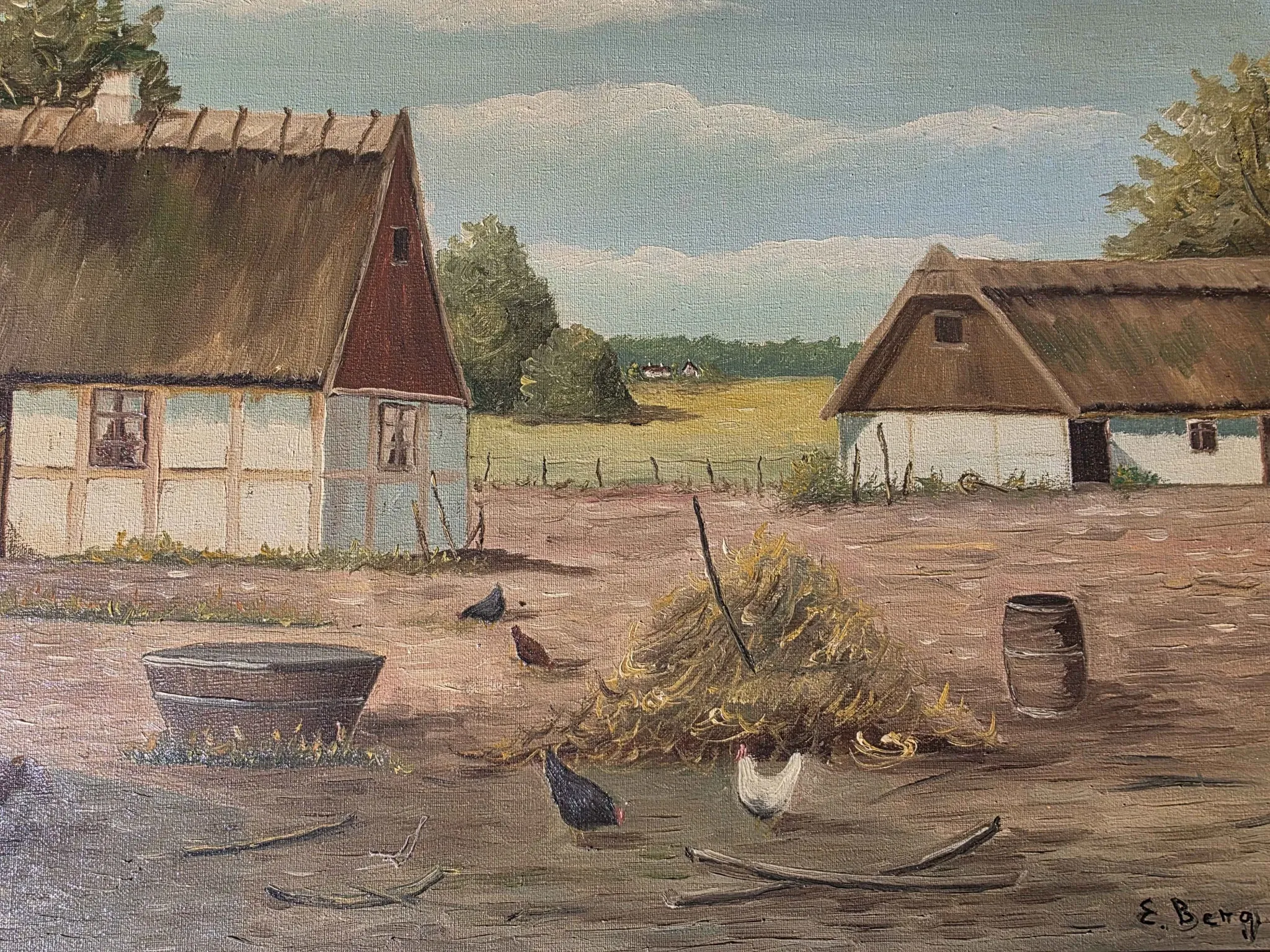 Vintage Oil Painting - Sunlit Farmyard with Chickens