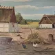 Vintage Oil Painting - Sunlit Farmyard with Chickens