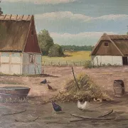 Vintage Oil Painting - Sunlit Farmyard with Chickens