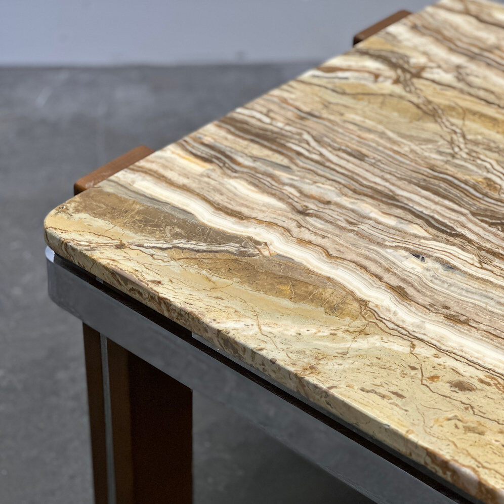 Italian 1970s coffee table in Breccia Sarda marble & steel legs – caramel tones