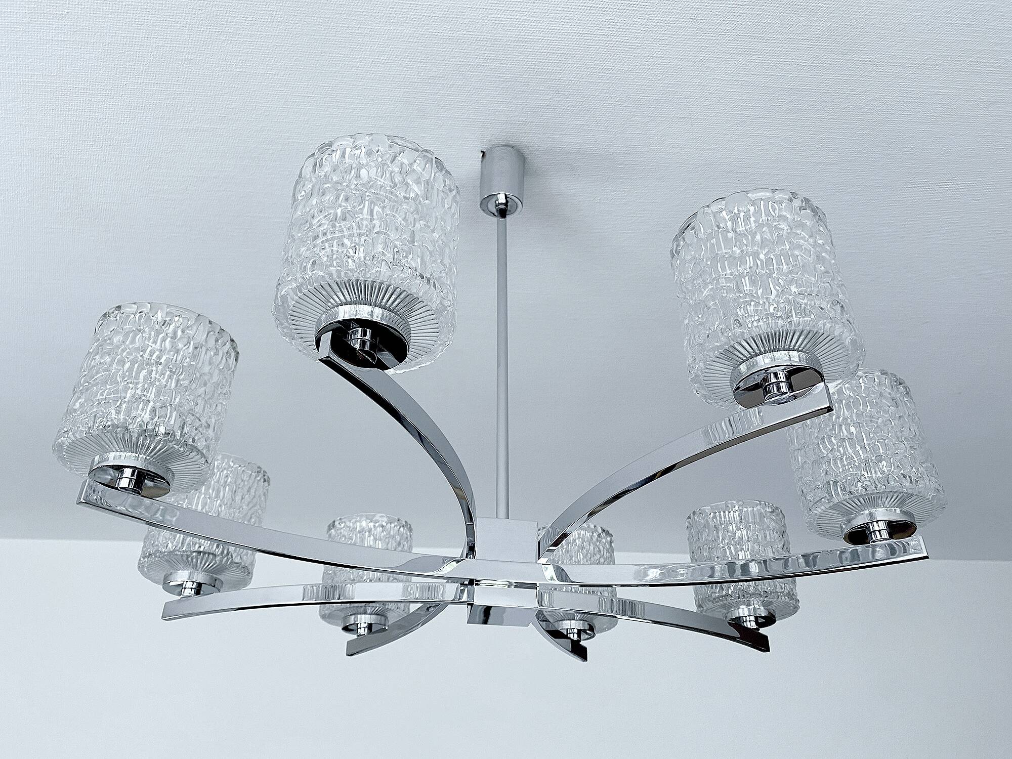 Large Vintage Architectonic  Chrome Glass Pendant Light