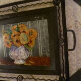 Large art deco serving tray in wrought iron and fixed design under glass