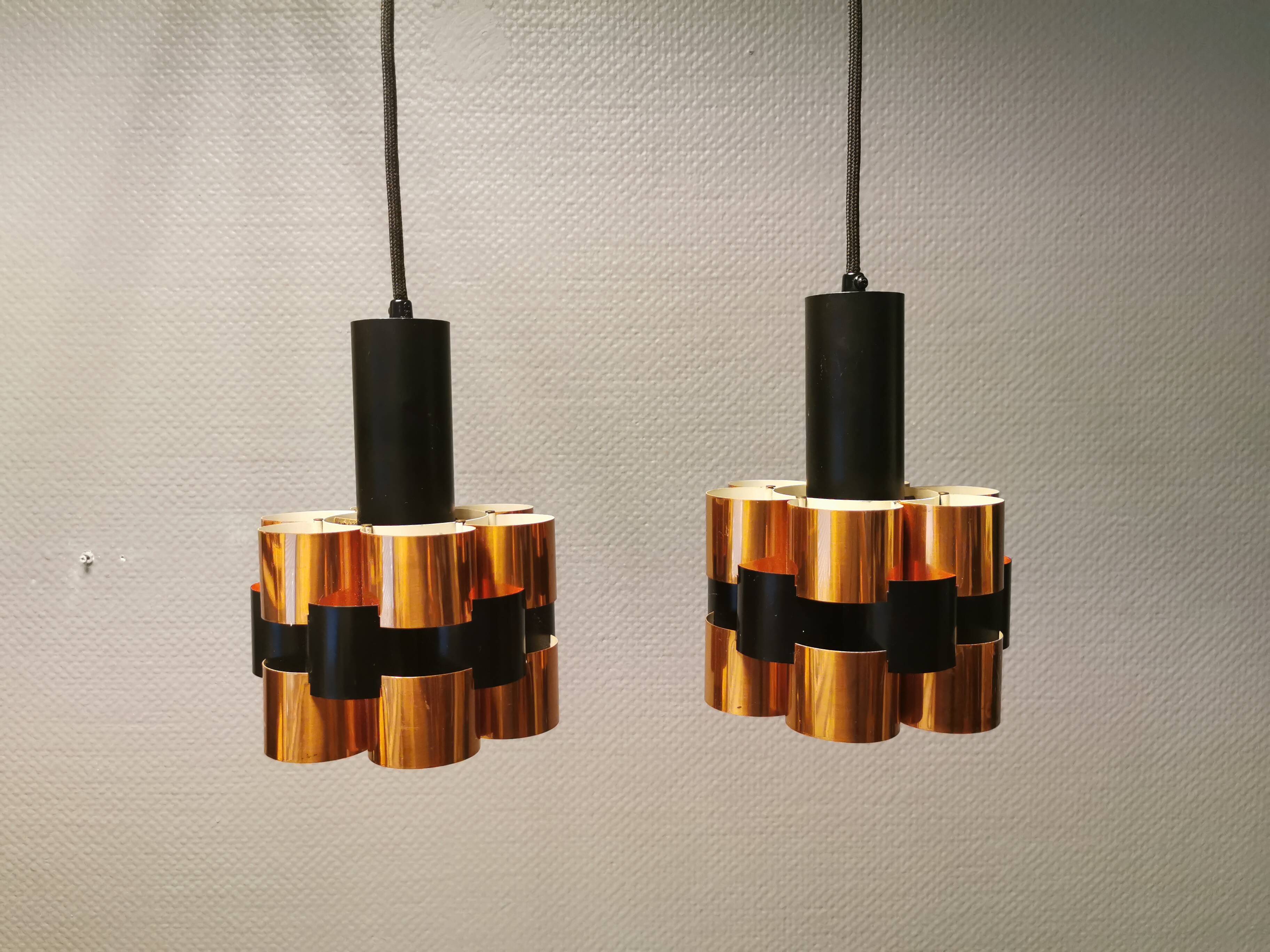 2 suspensions en métal noir et cuivre par Werner Schou pour Coronell Elektro, années 1960-1970