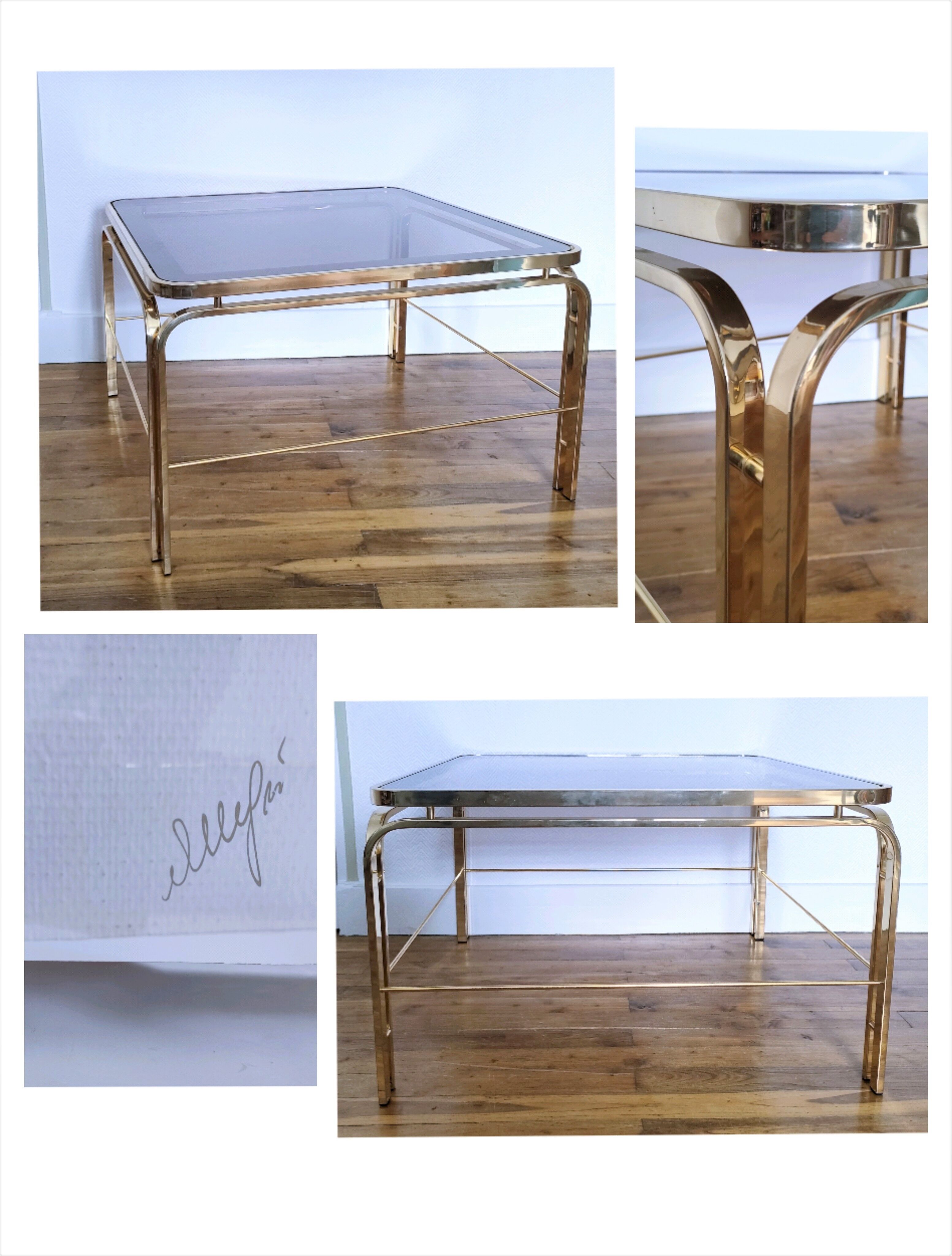 Coffee table glass smoked metal gilded Italian design 80s stamped