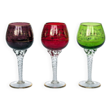 Set of 3 colored wine glasses - Ruby, red, green, gold and twisted foot