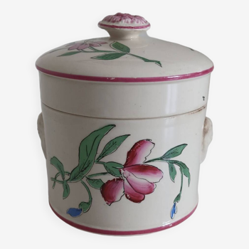 Pot with Sarreguemines rose motif lid.