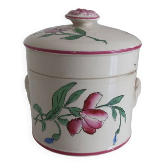 Pot avec  couvercle motifs roses Sarreguemines.