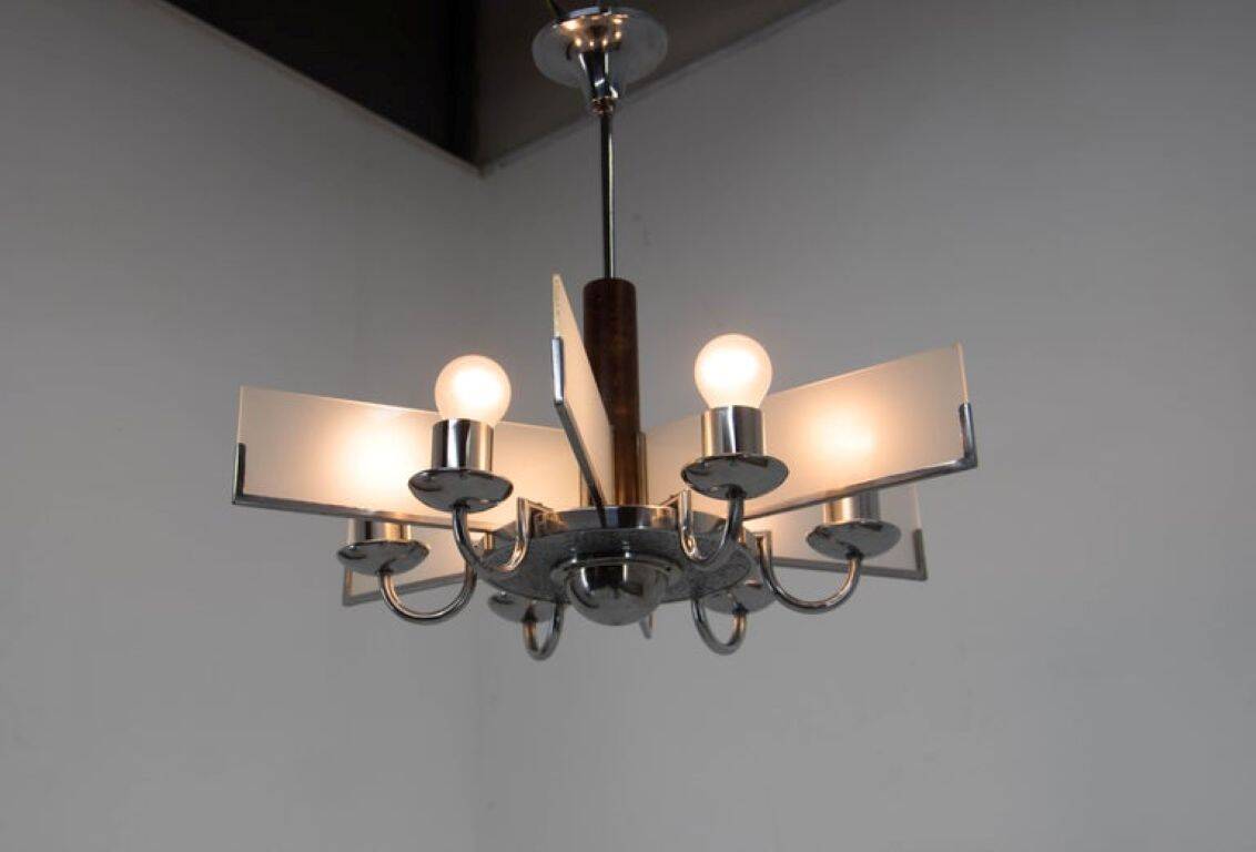 Six-Arm Art Deco Chandelier in Chrome and Sandblasted Glass, 1940s