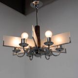 Six-Arm Art Deco Chandelier in Chrome and Sandblasted Glass, 1940s