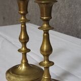 Pair of antique brass candlesticks, finely turned, dating from the 19th century