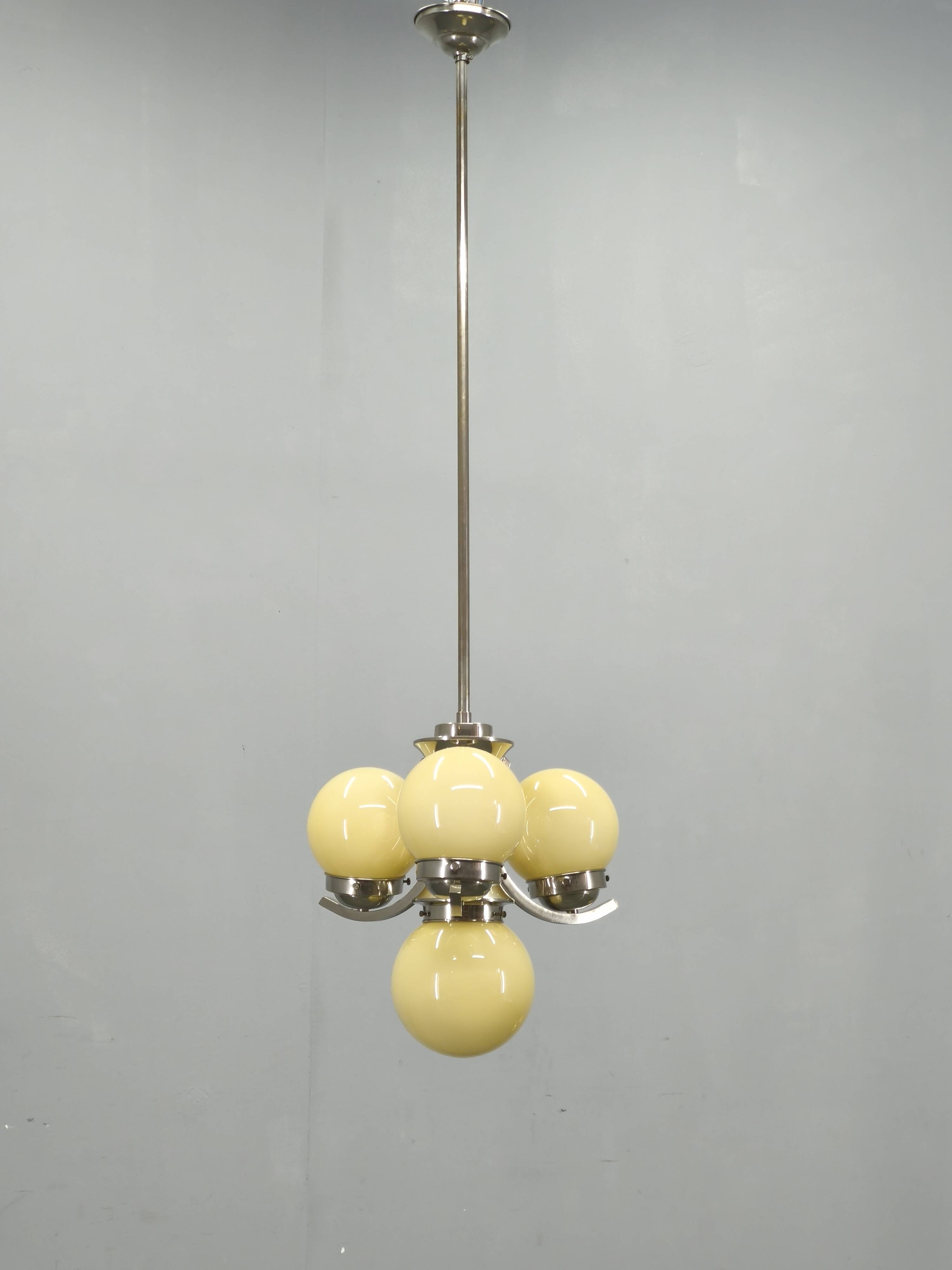 Art Deco Chrome and Opaline Glass Chandelier, 1930s