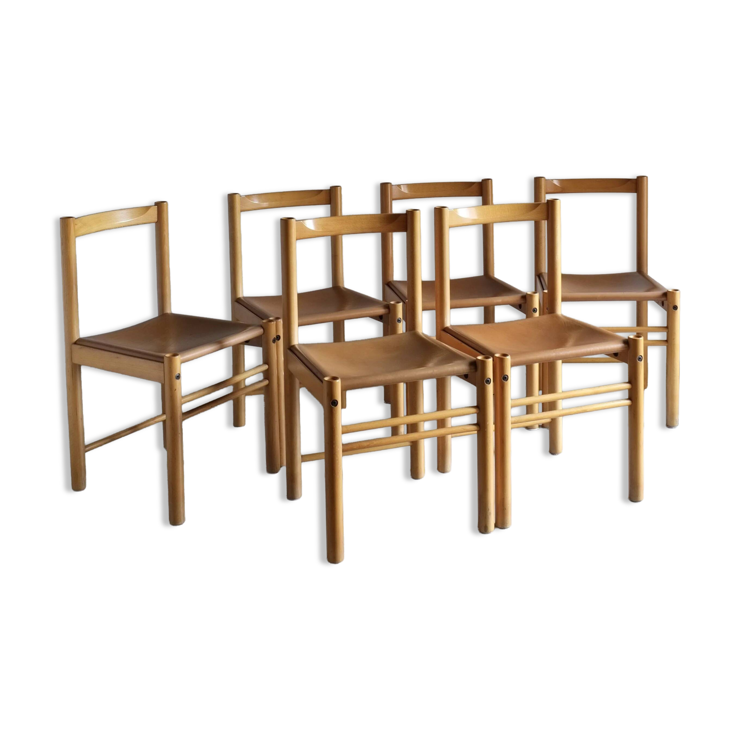 6 beech wood cognac leather chairs | Ibisco | Italy | 1960s