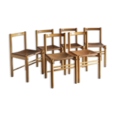 6 beech wood cognac leather chairs | Ibisco | Italy | 1960s