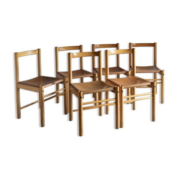Six chaises en hêtre et cuir cognac | Ibisco | Italie | Années 1960