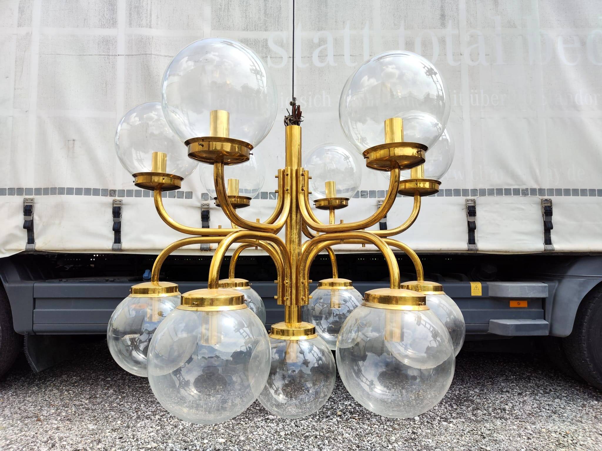 Large Vintage Brass Chandelier: Mid-Century Italian 13-Bulb Pendant Light
