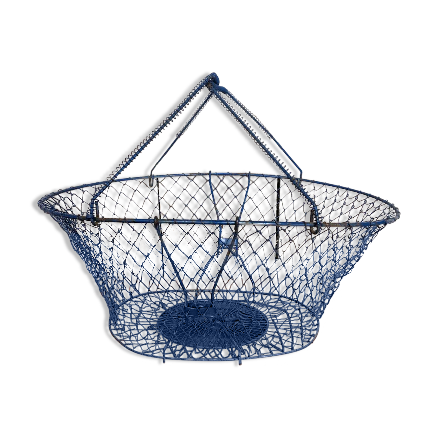 Old foldable blue metal basket, vintage handles