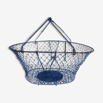 Old foldable blue metal basket, vintage handles