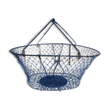Old foldable blue metal basket, vintage handles