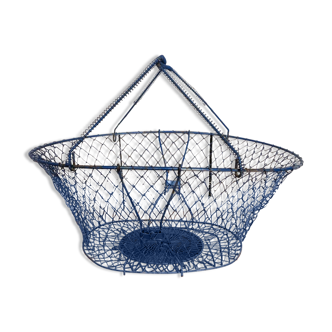 Old foldable blue metal basket, vintage handles