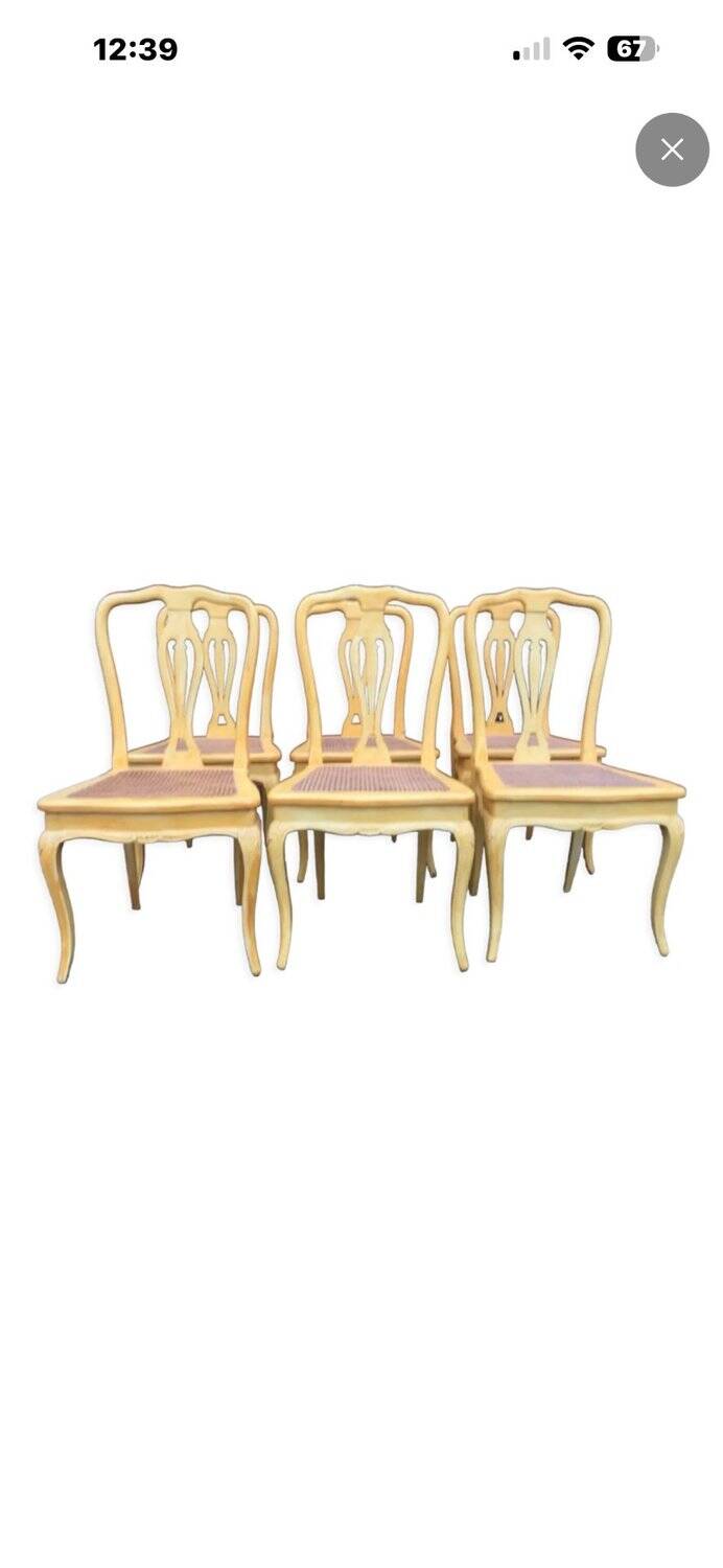 Set of 6 Cane Chairs in Provençal Louis XV Style Pale Yellow Wood