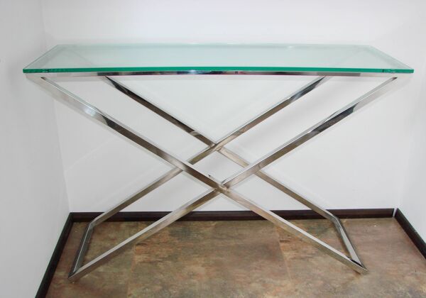 Table console moderne des années 1990, chrome et verre, 120 cm