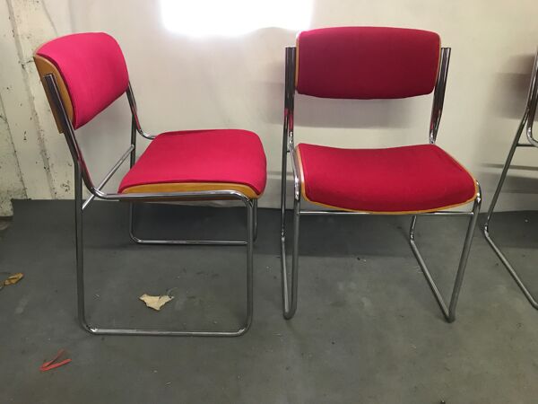 Set de 6 chaises chrome bois et laine rouge