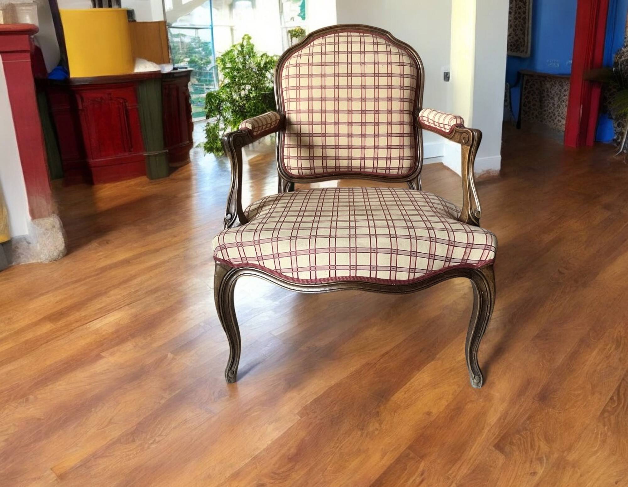 Fauteuil cabriolet bois et tissu style fin XXème