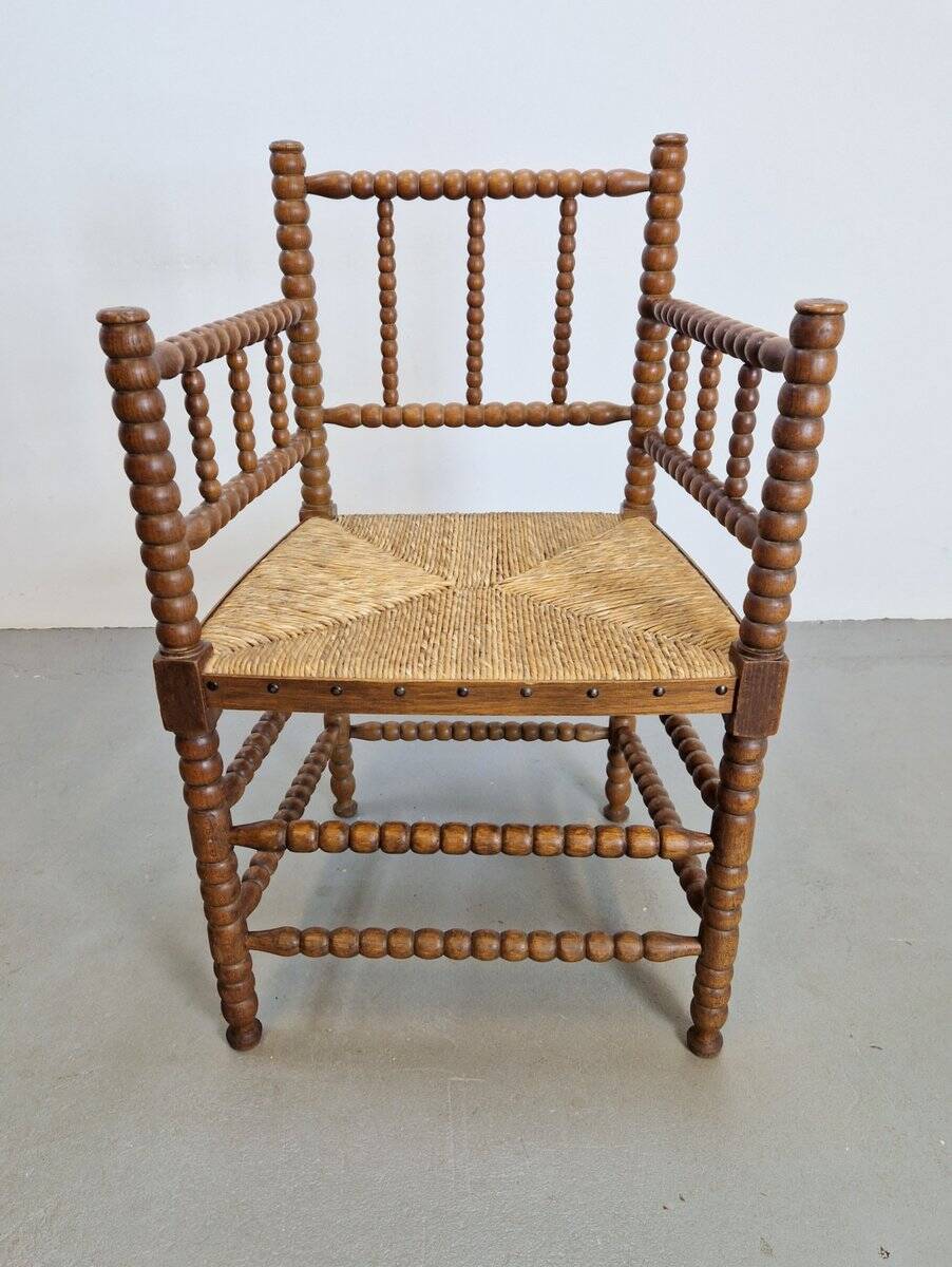 Mid-Century Arts and Craft Oak Bobbin Chair with Rush Seat, 1930s
