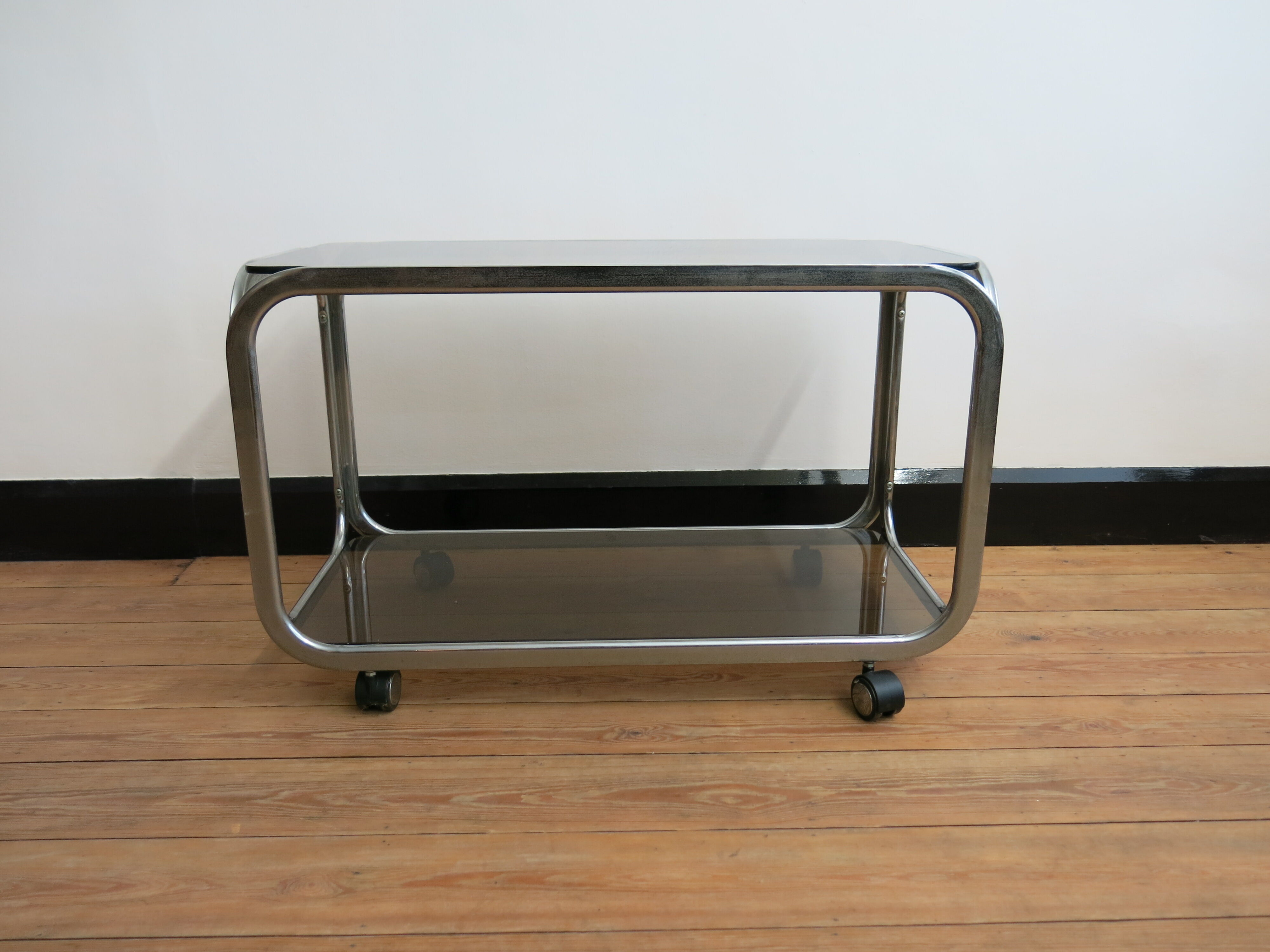 Space Age coffee table in smoked glass and chrome steel, 1970s