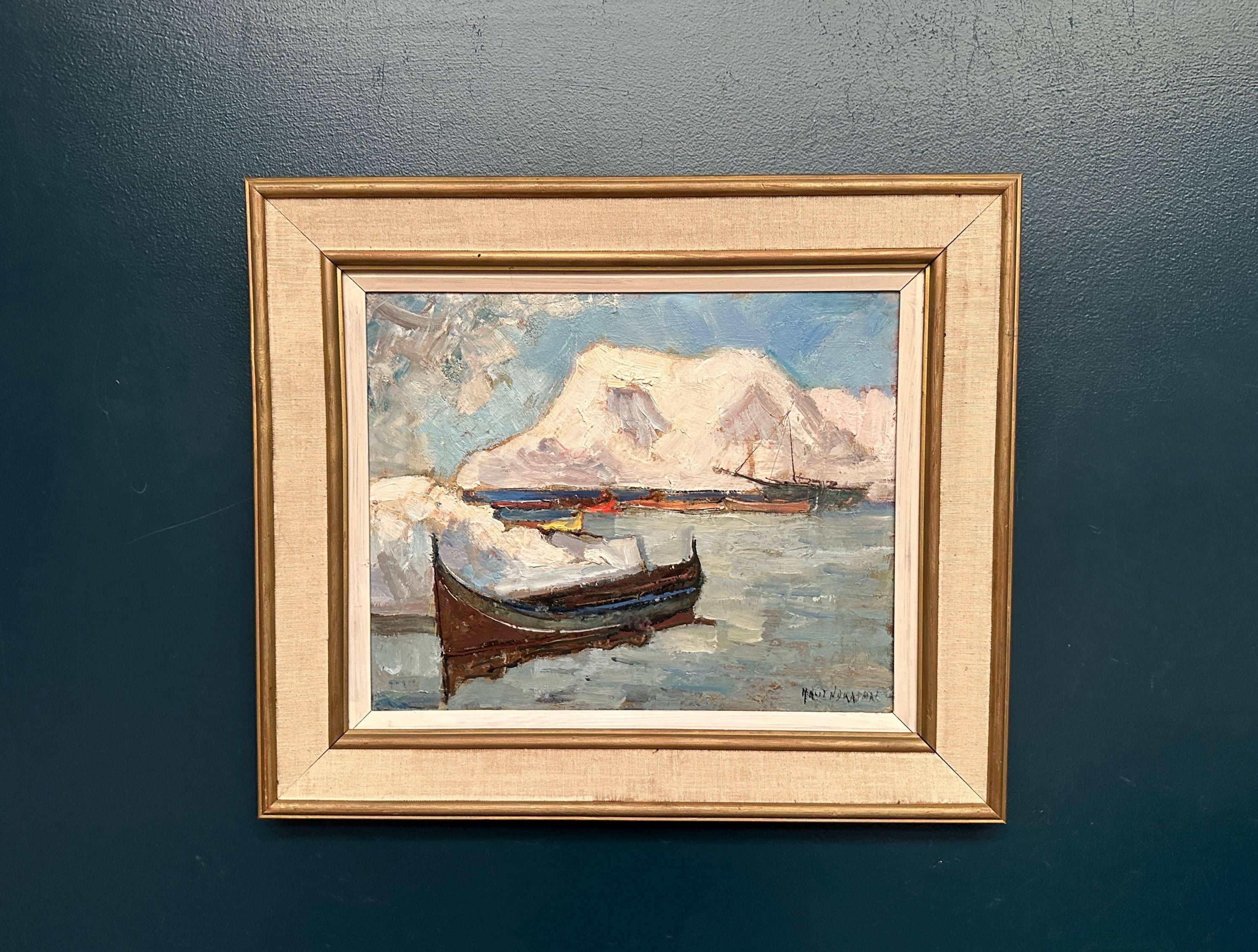 Original Swedish Oil on Panel – “Winter Harbor” by Knut Norman – Signed – Vintage & Framed