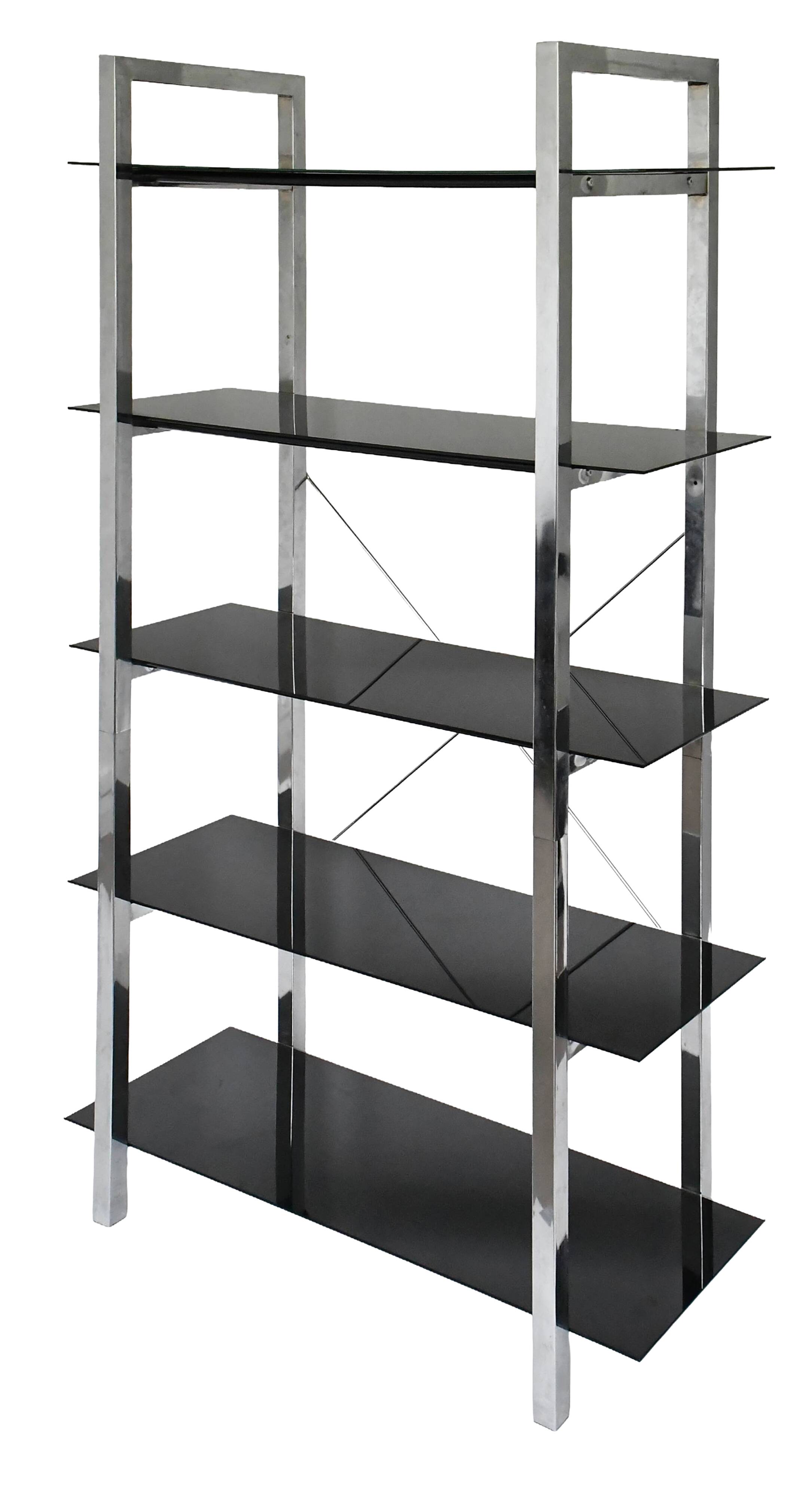 Chrome metal and black glass shelf with 5 levels.