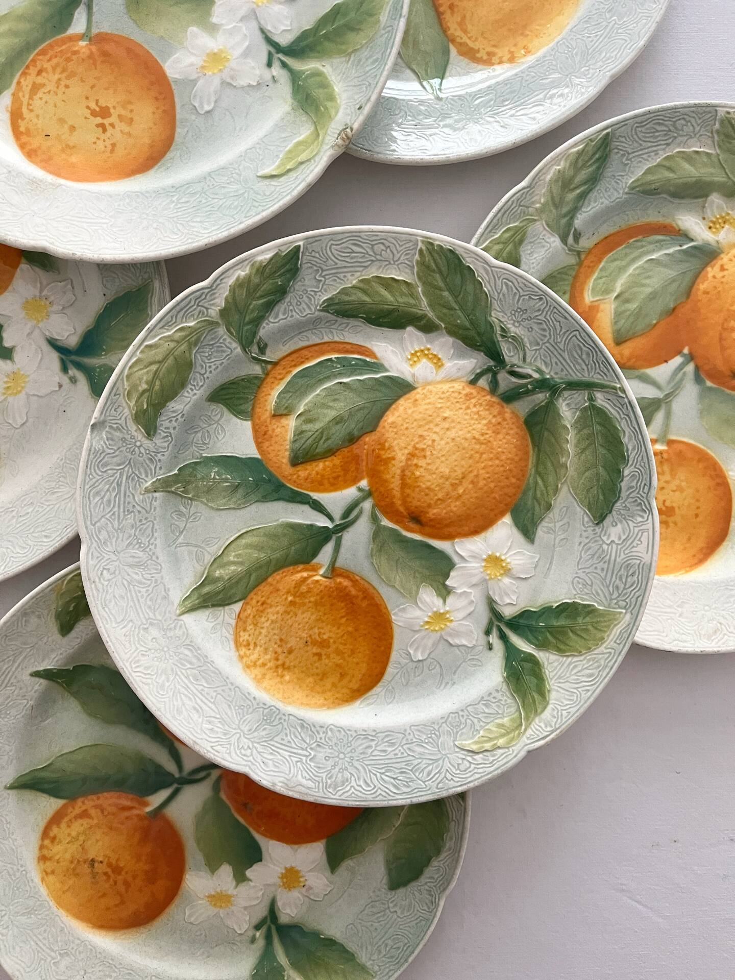 6 orange barbotine dessert plates from Saint Clément earthenware.