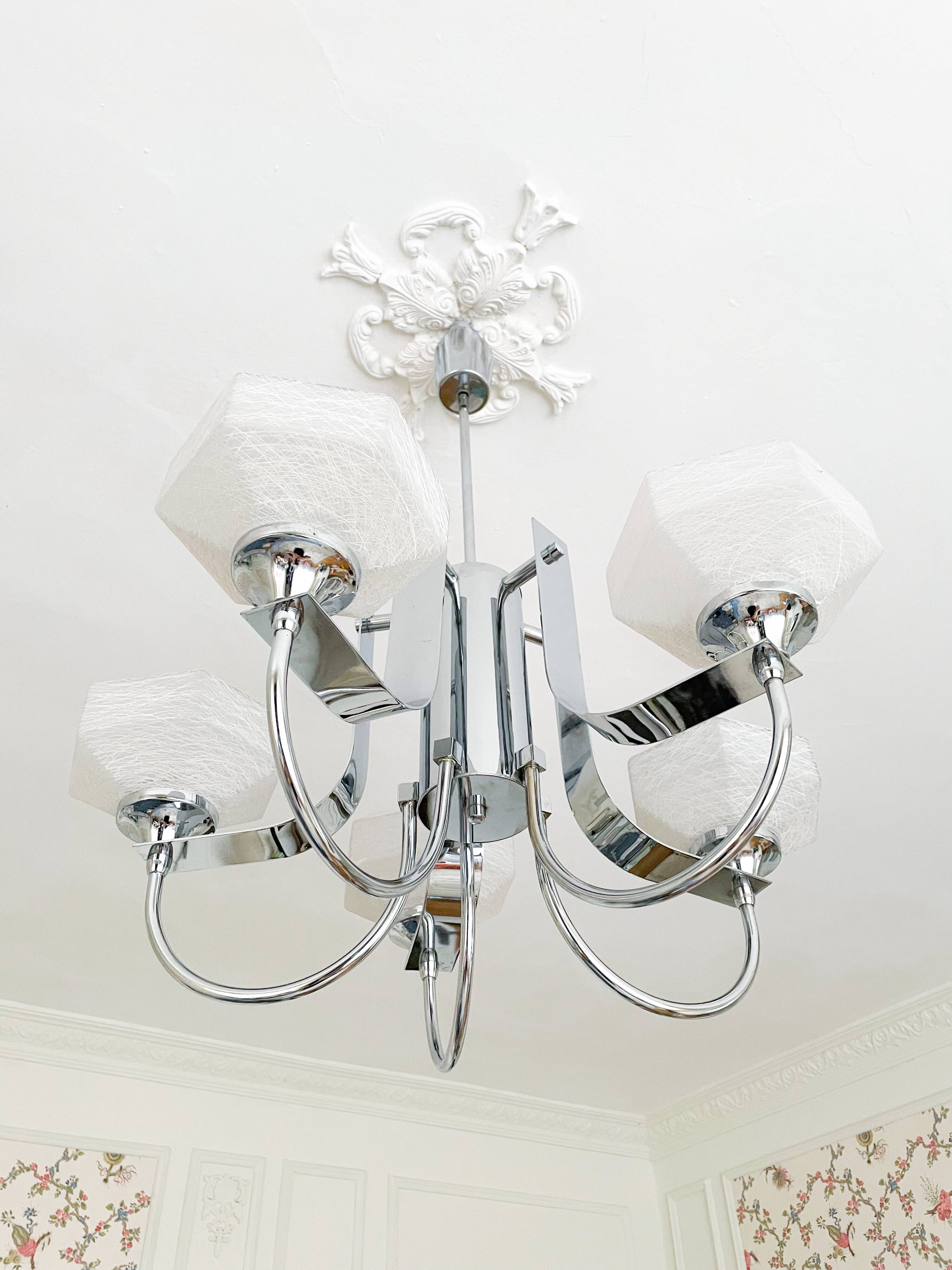 Lustre Gaetano Sciolari à 5 bras en métal chromé, Italie 1970