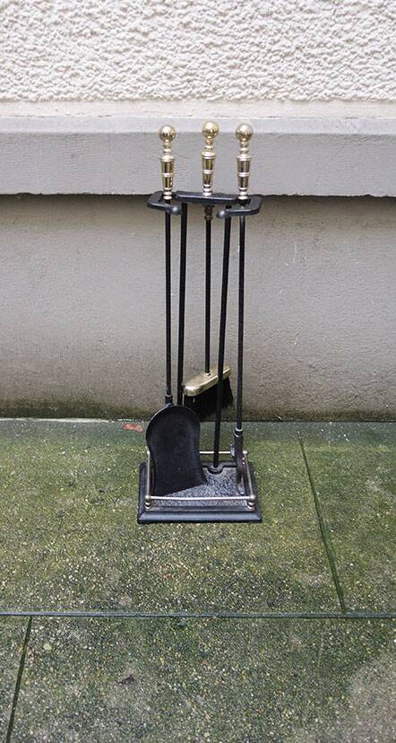 Old Wrought Iron & Brass Fireplace Servant - 3 Tools