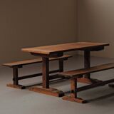 Table and pair of benches in solid pine – France, circa 1970