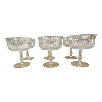 Set of 6 vintage champagne glasses in chiseled glass with flared drinking rim