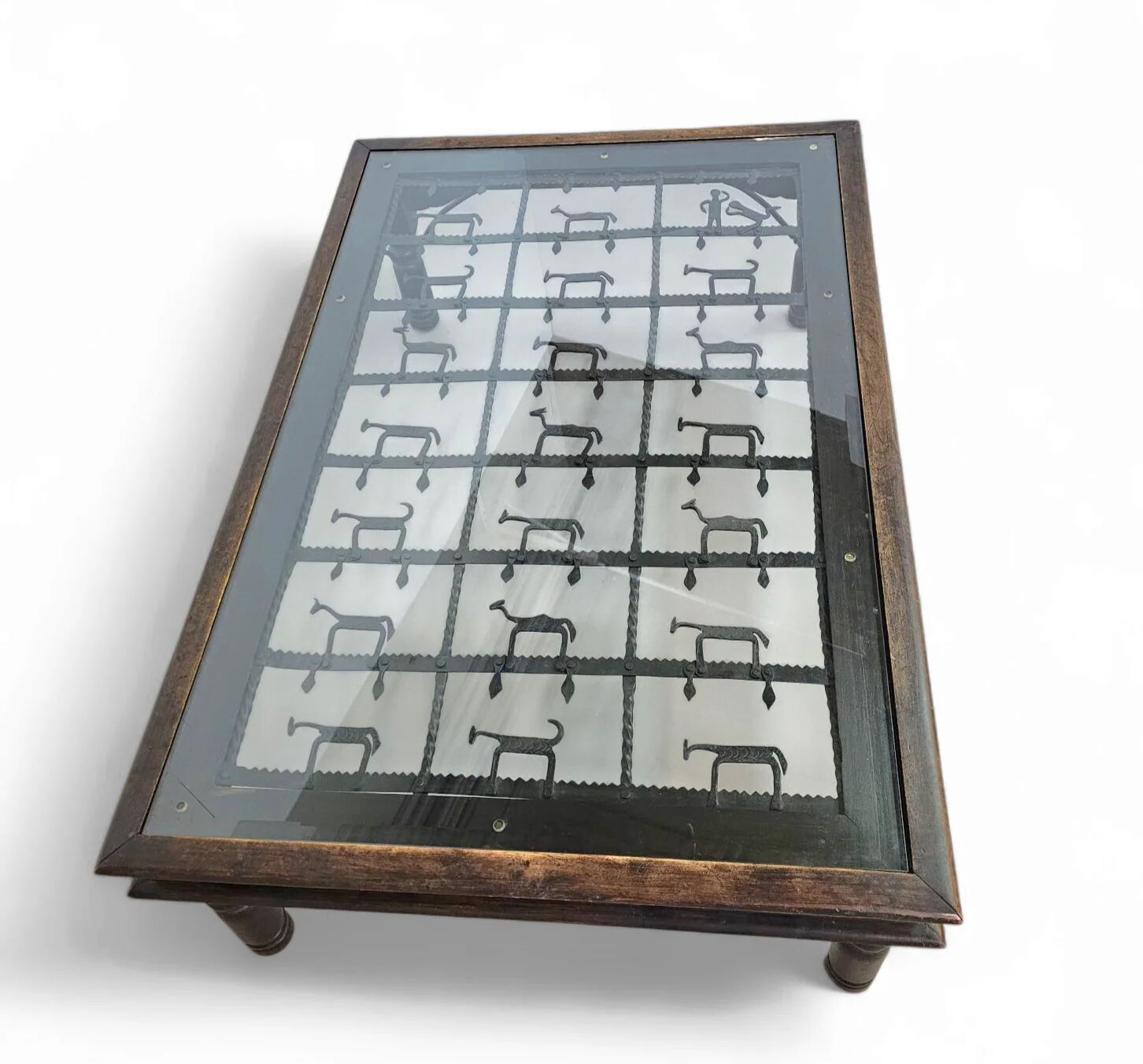 French brutalist coffee table, forged wrought iron, shepherd with dog and his herd, 1970s, transparent glass top