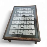 French brutalist coffee table, forged wrought iron, shepherd with dog and his herd, 1970s, transparent glass top