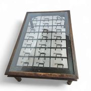 French brutalist coffee table, forged wrought iron, shepherd with dog and his herd, 1970s, transparent glass top
