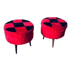 2 poufs bois et tissu motif damier