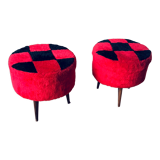 2 wooden poufs and fabric pattern red and black checkerboard pattern
