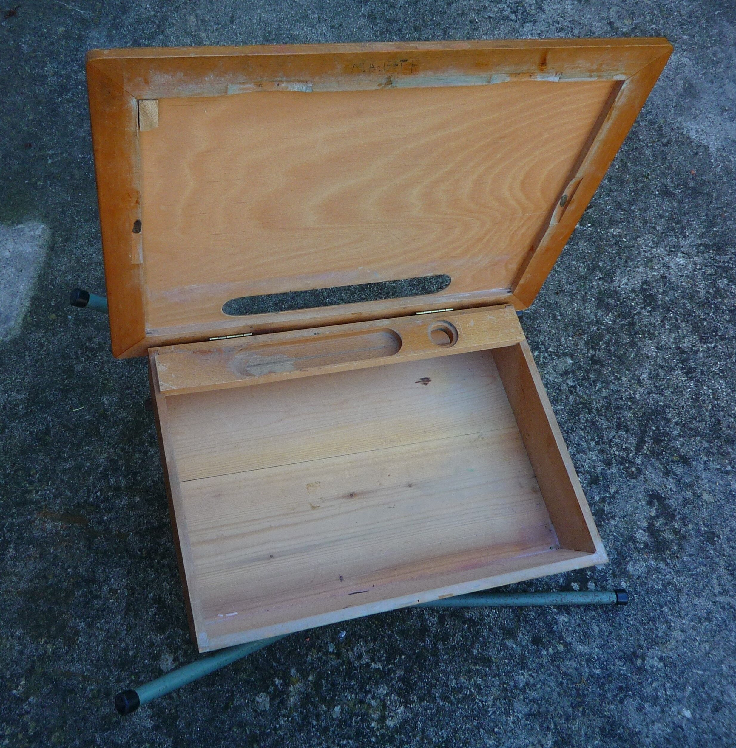 Folding school desk, wood and metal, vintage 50s