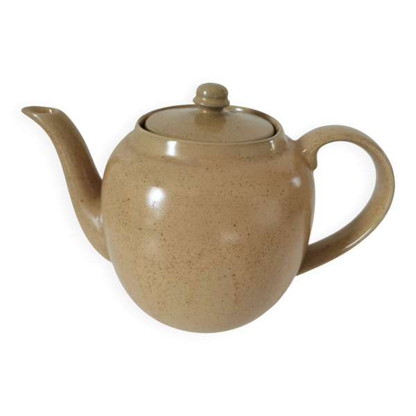 Théière portugaise signée R en terre vernissée beige moucheté – années 1990