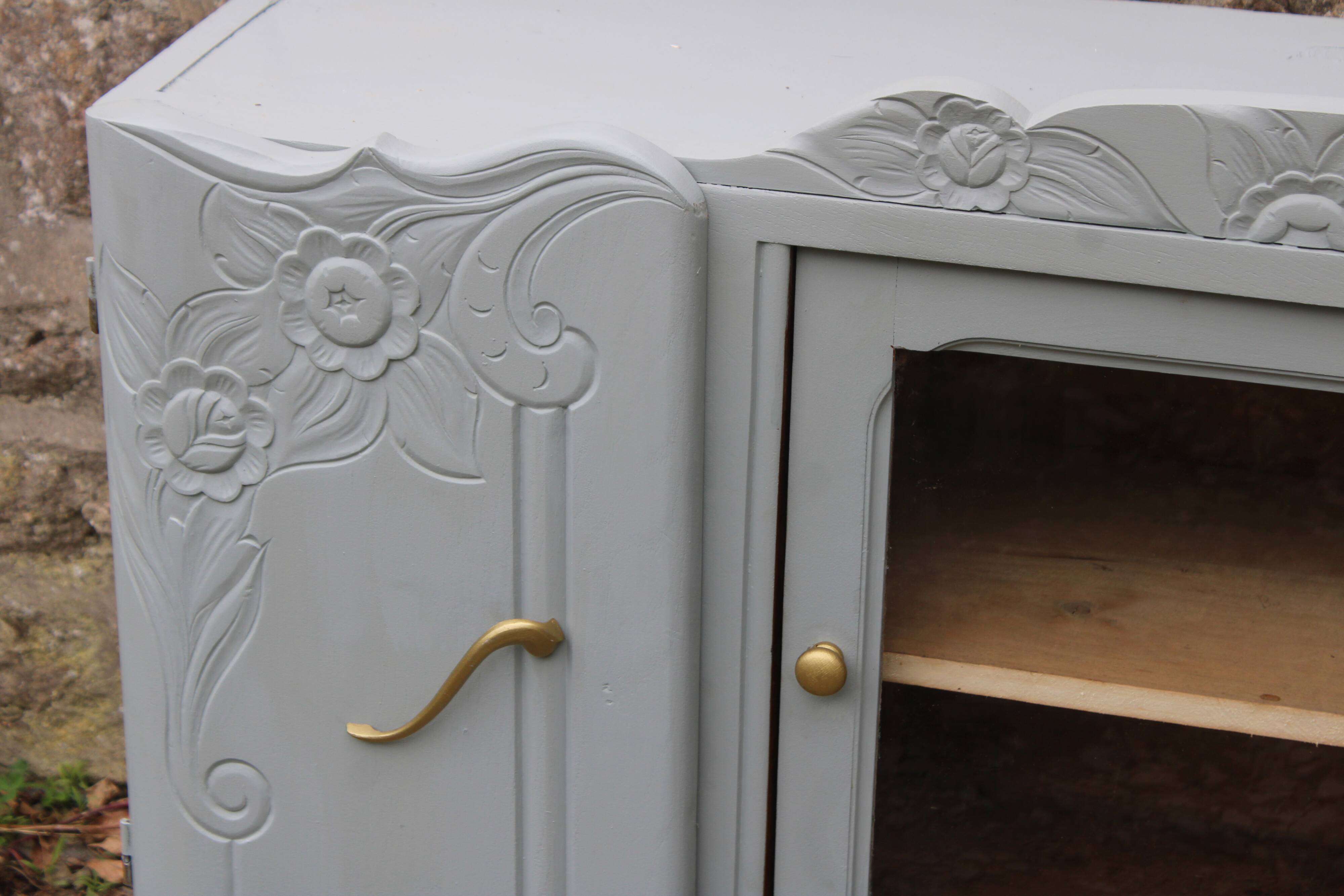 Renovated vintage low sideboard - Unique piece of furniture with floral moldings