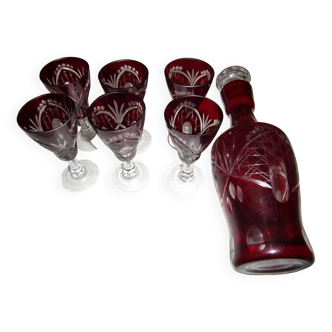 Service for aperitif/digestive in red/burgundy Bohemian crystal